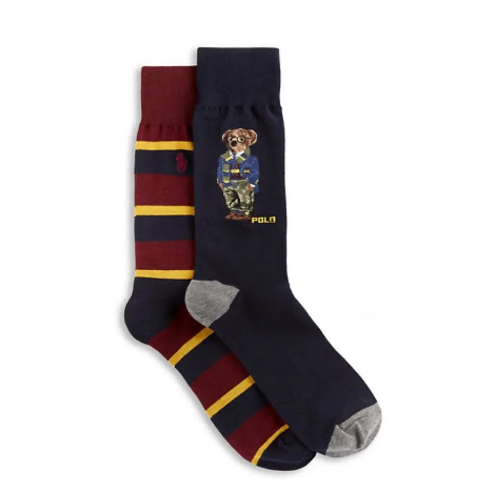 Big & Tall Polo Ralph Lauren 2-pk Camo Collegiate Polo Bear Socks - Navy Maroon - Picture 1 of 1